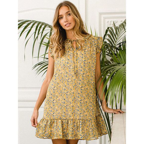 Mustard Sleeveless Shimmer Ruffle Floral Dress - Picture 3 of 4
